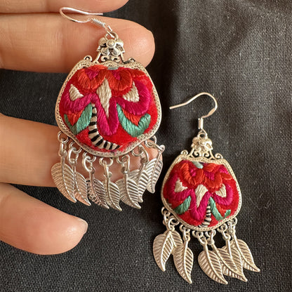 Retro Ethnic Style Embroidery Miao Silver Flower Earrings