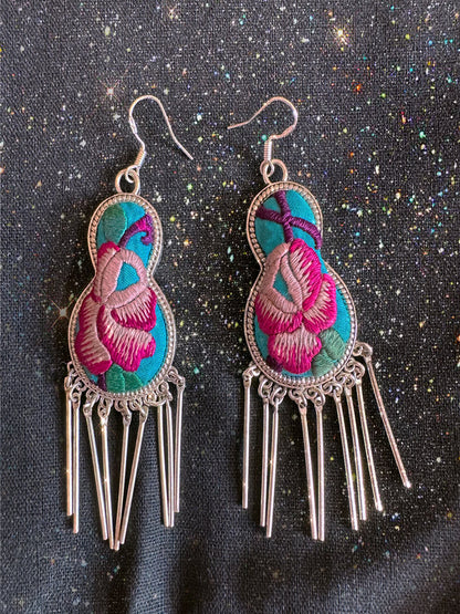 Handmade Miao Silver Gourd Embroidery Tassel Earrings