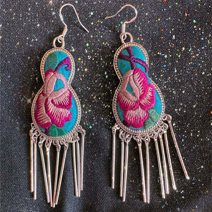 Handmade Miao Silver Gourd Embroidery Tassel Earrings