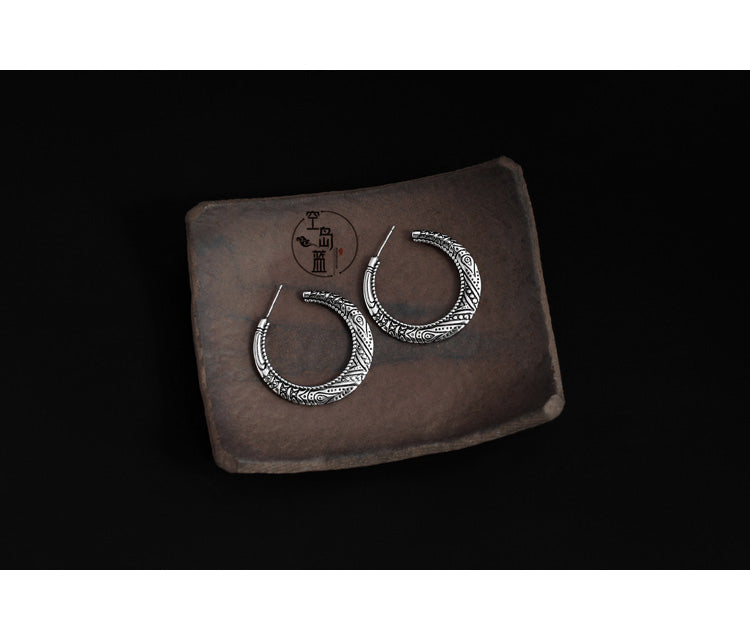 925 Silver Retro Ethnic Style Carved Silver Earrings