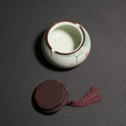 Hand Painted Lotus Chinese Ink Style Tea Pot Ceramic Small and Medium Tassel Seal Tea Warehouse Tea Container Black Tea Green Tea