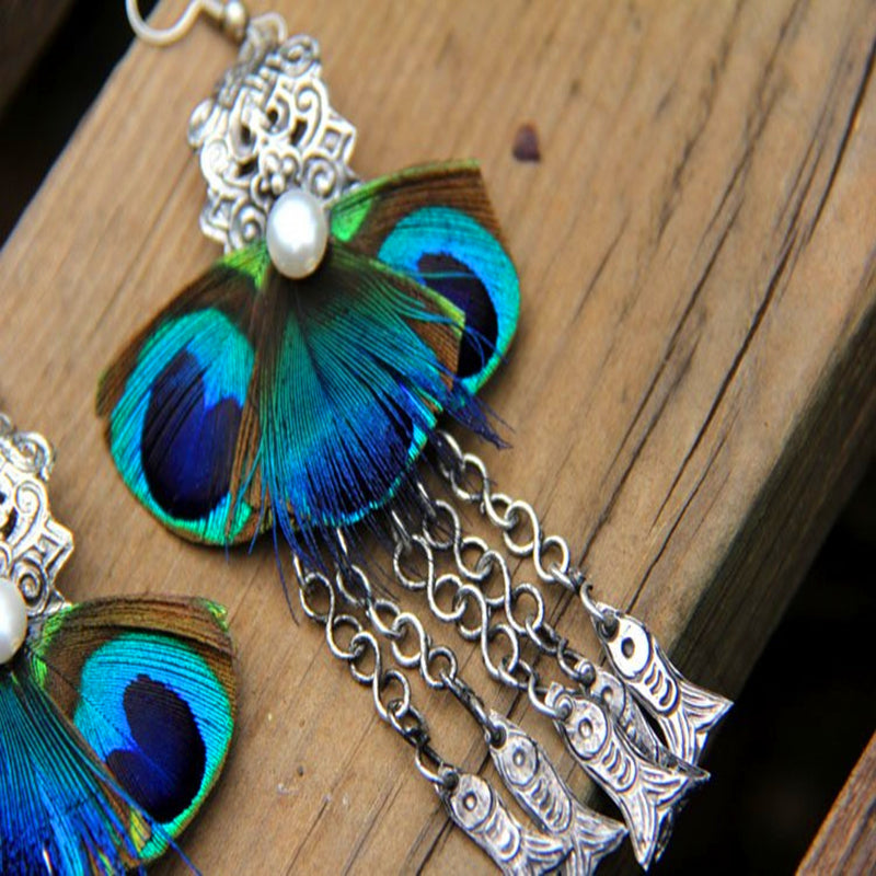 Yunnan Peacock Feather Miao Silver Pearl Tassel Earrings