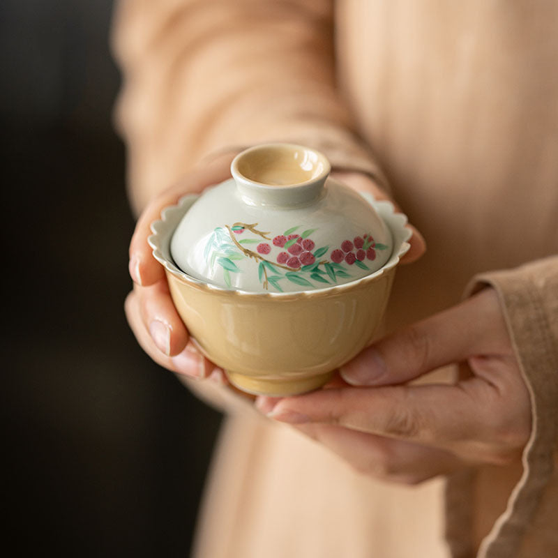 Apricot Yellow Hand-Painted Porcelain Gaiwan