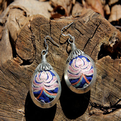 Handmade Miao Embroidery Lantern Silver Earrings