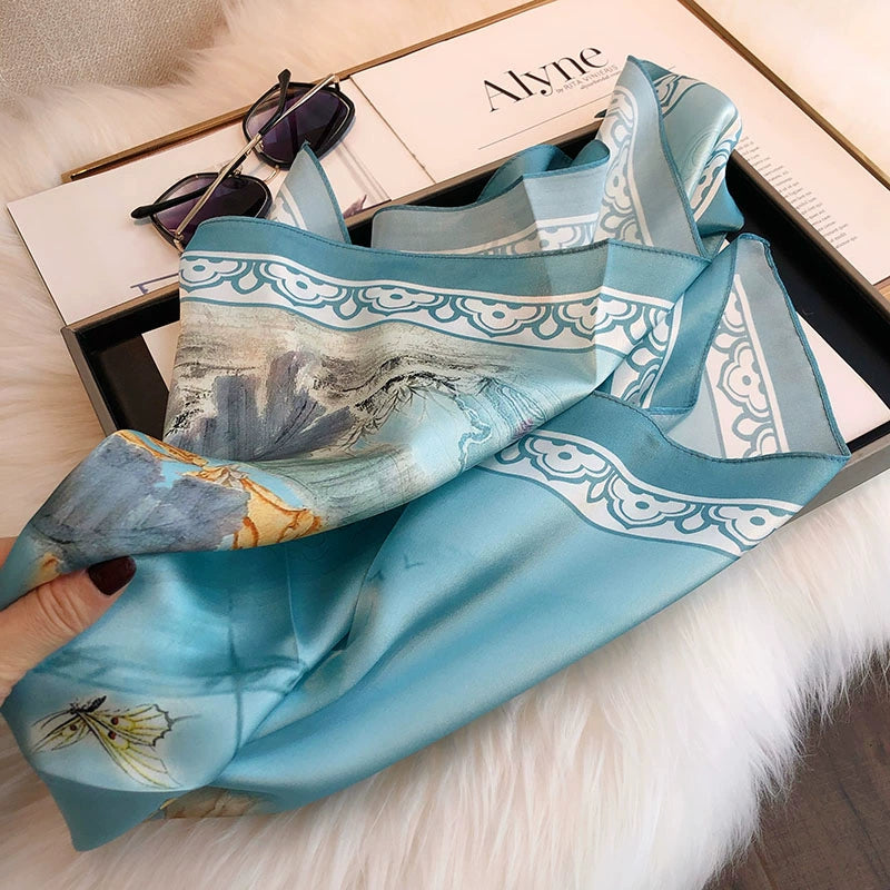 Chinese Style Light Blue Mulberry Silk Scarf