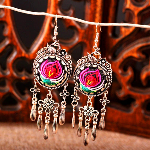 Miao Silver Embroidered Earrings Floral Round Tassel Earrings