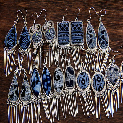 Yunnan Old Miao Silver Handmade Retro Tassels Tie Dye Earrings