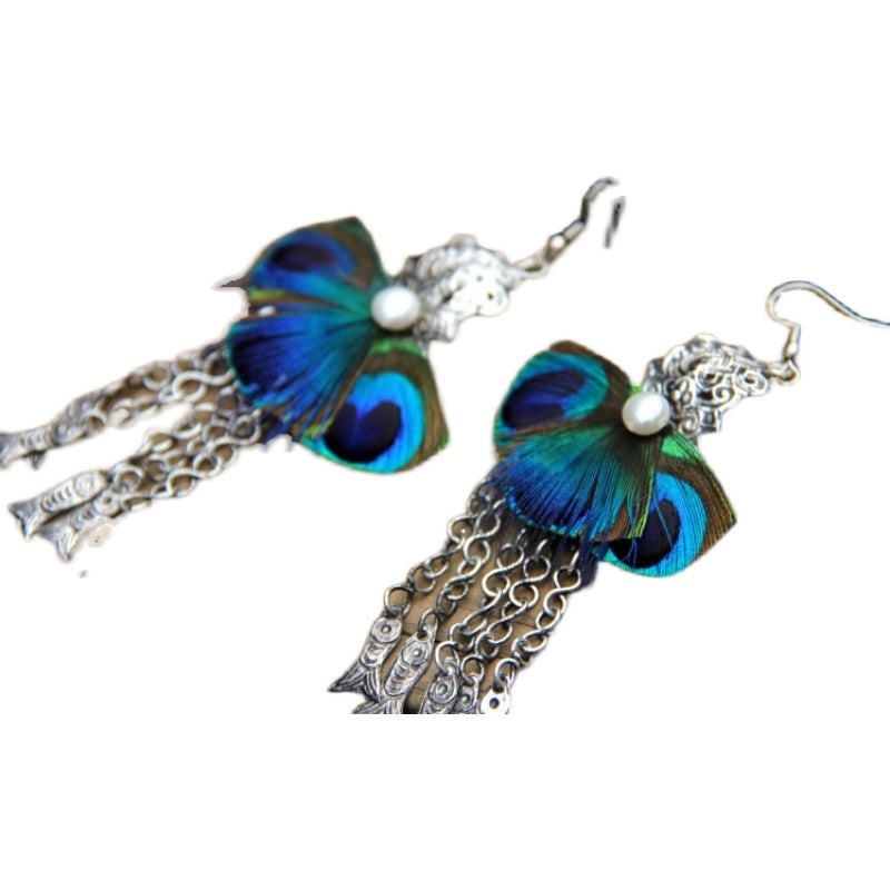 Yunnan Peacock Feather Miao Silver Pearl Tassel Earrings