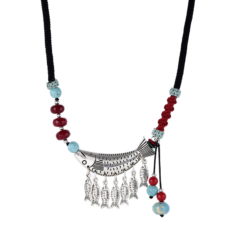 Retro Tibetan Silver Woven Tassel Pendant Necklace