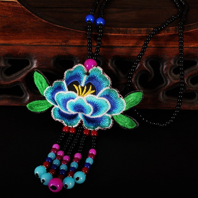 Ethnic Style Long Embroidered Necklace Peony Sweater Chain