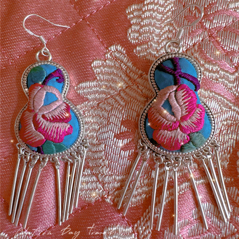 Handmade Miao Silver Gourd Embroidery Tassel Earrings