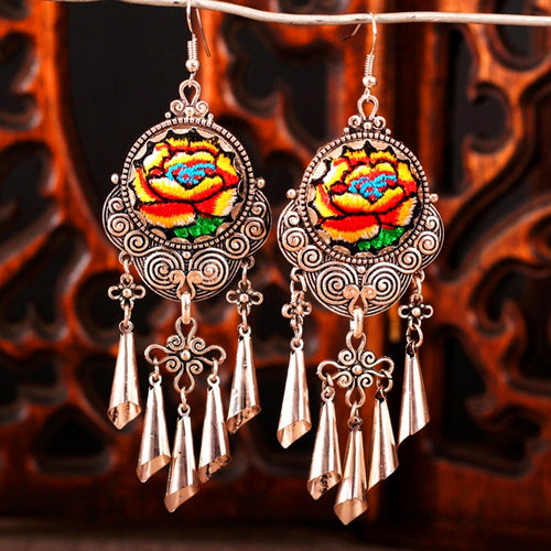 Yunnan Miao Silver Embroidery Tassel Tibetan Silver Flower Earrings
