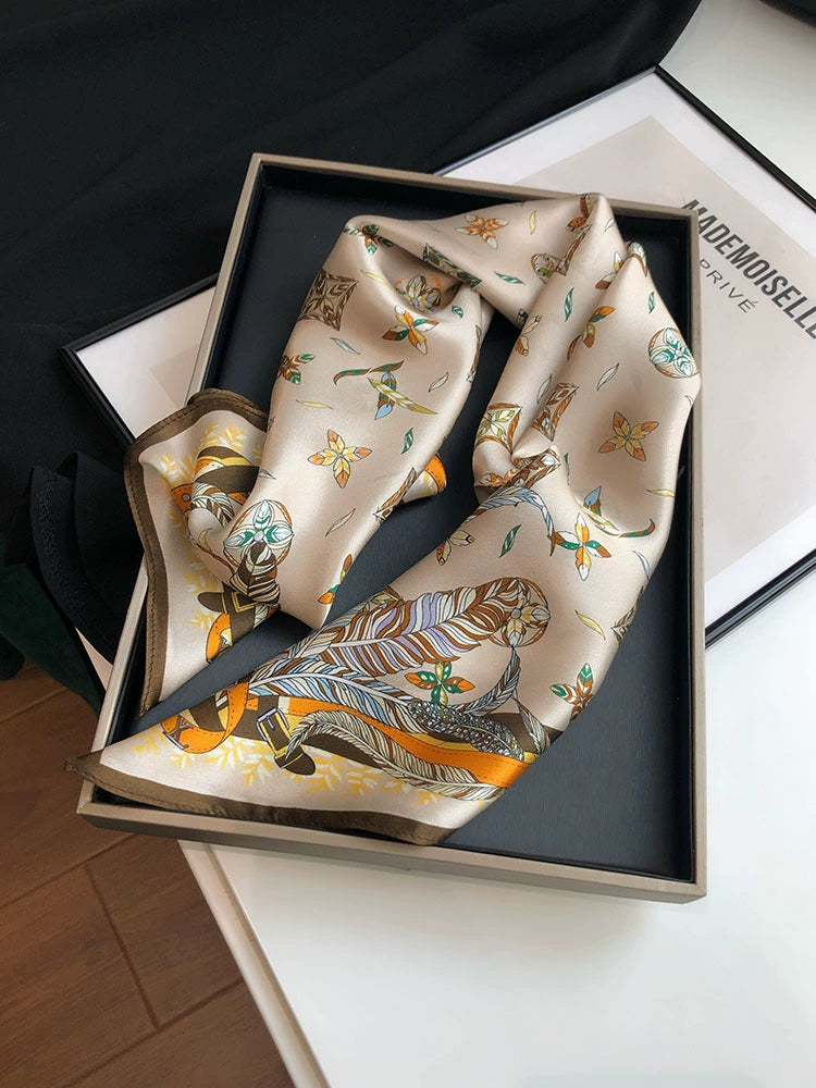 Retro Charm Champagne Coffee-Colored Silk Scarf