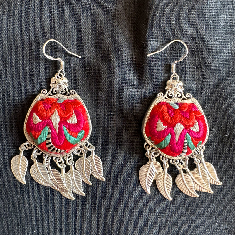 Retro Ethnic Style Embroidery Miao Silver Flower Earrings