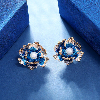 Elegant Retro Peony Flower Pearl Stud Earrings
