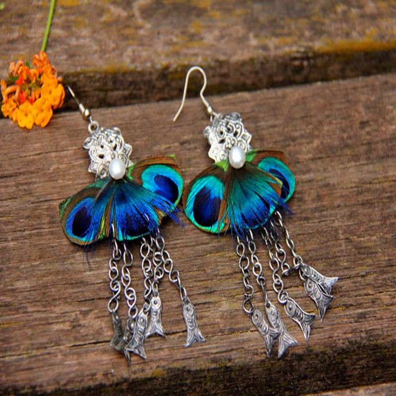 Yunnan Peacock Feather Miao Silver Pearl Tassel Earrings