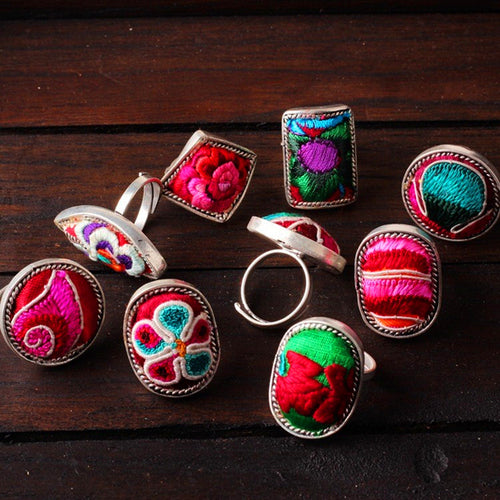 Ethnic Minority Boutique Ornament Vintage Handmade Old Embroidery Miao Silver Ring Special-Interest Design Fashion Embroidery All-Match Ring