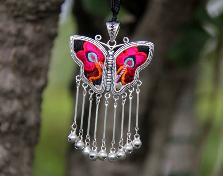 Miao Embroidered Butterfly Silver Pendant Sweater Chain