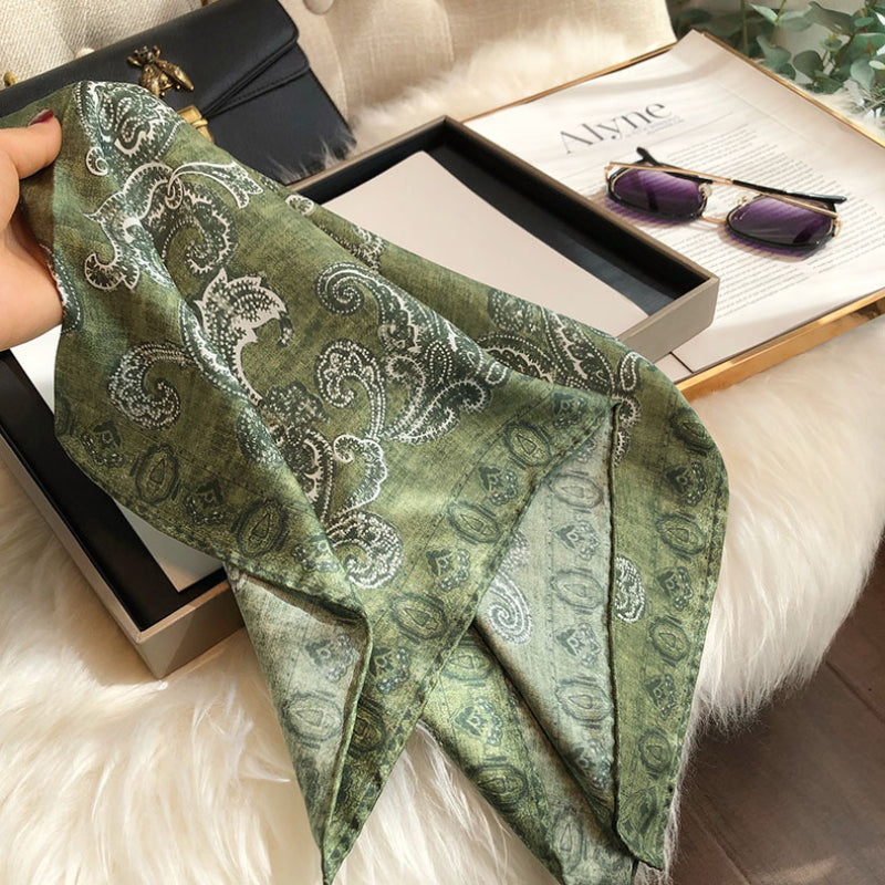 Green Twill 100% Mulberry Silk Small Scarf