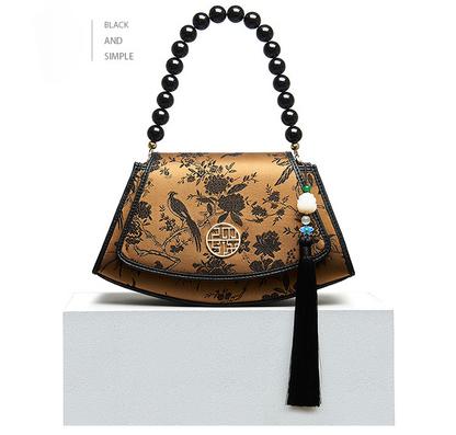 Elegant Bamboo Mulberru Silk Embroidered Leather Pearl Handbag