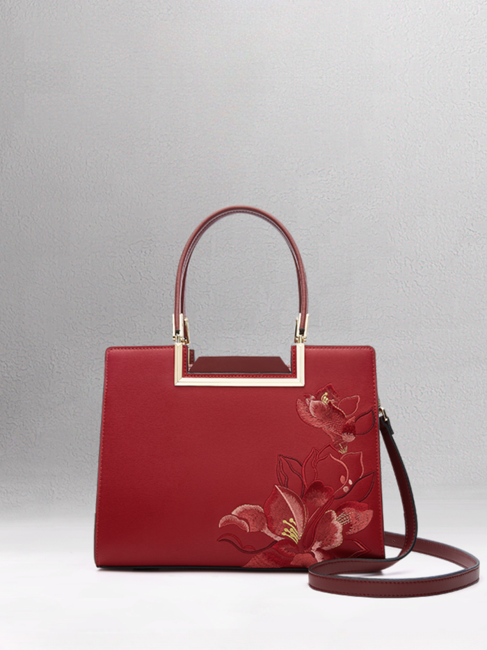 Auspicious Fragrant Snowy Magnolia Embroidered Leather Handbag