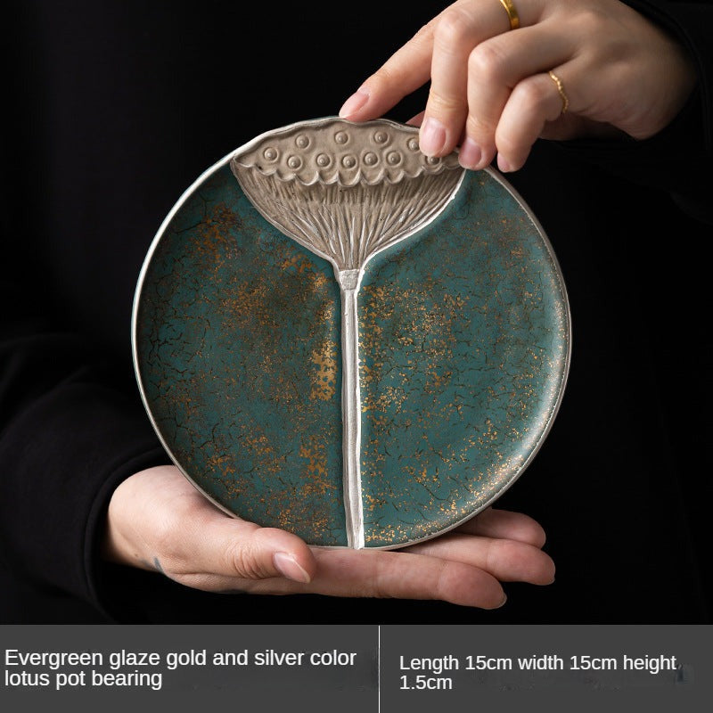 Evergreen Glaze Gold and Silver Colored Lotus Tea Tray