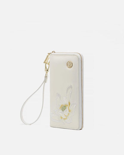 Lotus Embroidery Leather Hand Bag Wallet - gloriouscollection
