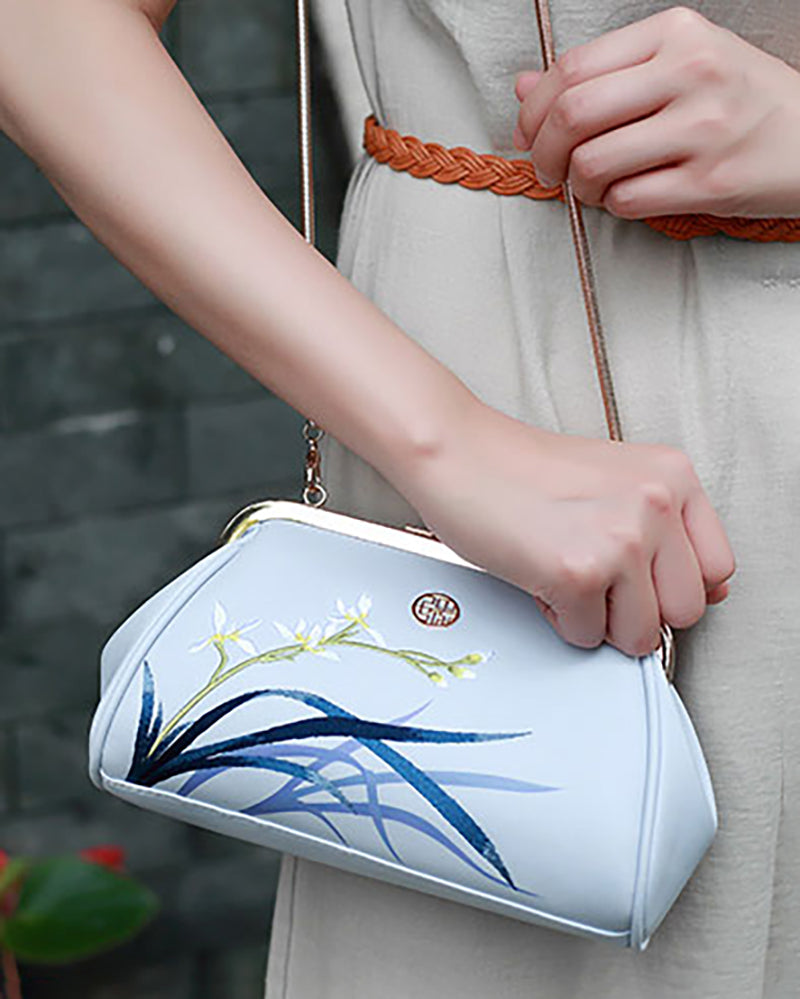 Orchid Embroidery Leather Handbag