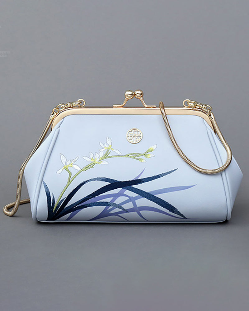 Orchid Embroidery Leather Handbag