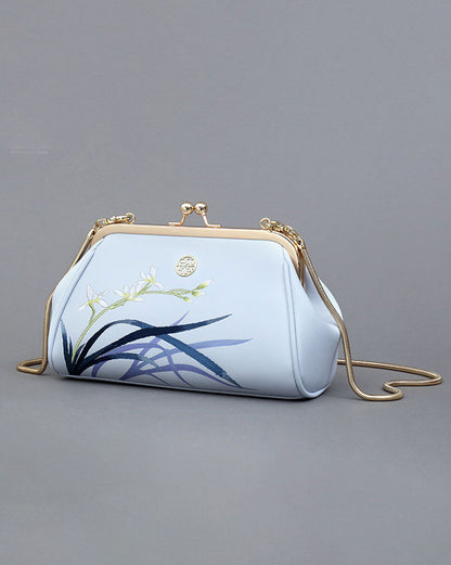 Orchid Embroidery Leather Handbag