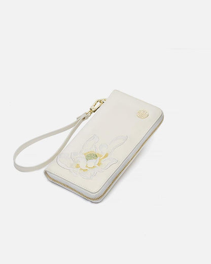 Lotus Embroidery Leather Hand Bag Wallet - gloriouscollection