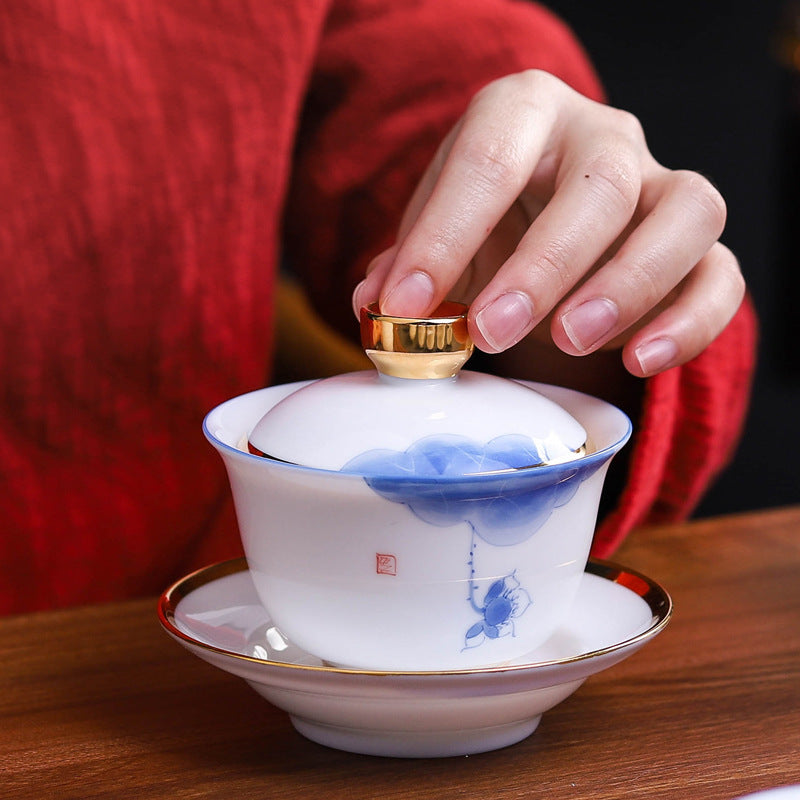 Gu Yue Hand-Painted Blue and White Porcelain Gaiwan
