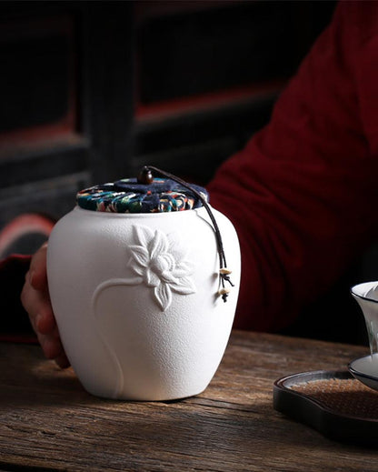 Lotus Emboss Tea/Candies/Coffee Beans Ceramic Jar - gloriouscollection