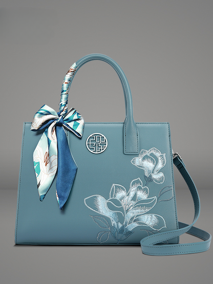 Elegant Magnolia Silk Scarf Embroidered Genuine Leather Handbag