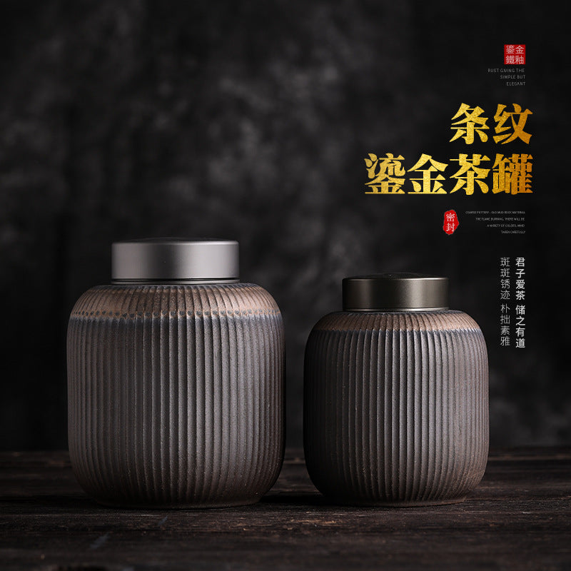 Tin Cover Striped Gilding Tea Cans Handmade Retro Porcelain Sealed Tea Container Large and Small Tea Warehouse Logo