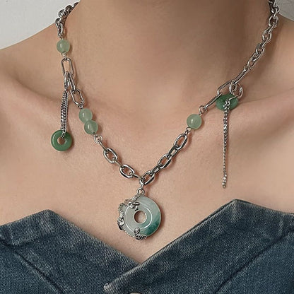 Peace Buckle Stitching Green Beaded Tassel Chain New Chinese Style Jade Pendant Necklace Women