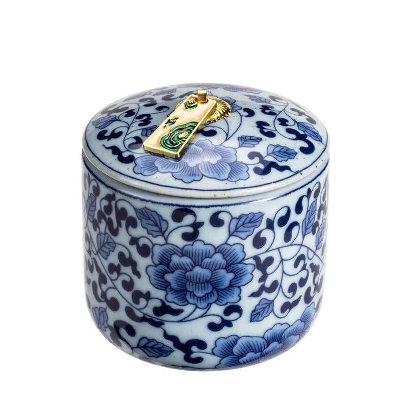 Blue and White Porcelain Tea Pot Moisture-Proof Sealed Ceramic Pot Black Tea Pu&