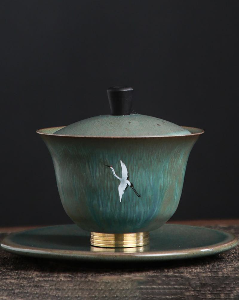 Handpainted Red-Crowned Crane Porcelain Gaiwan Tea Set - gloriouscollection