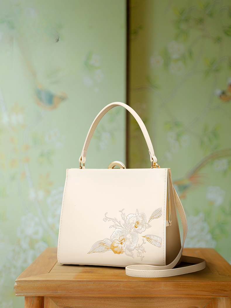 Elegant Butterfly Orchid Embroidered Leather Handbag