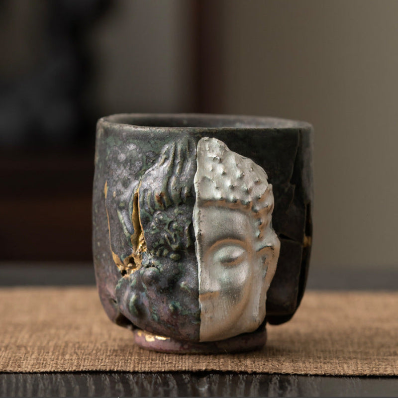 Golden and Silver Colored Buddha Stoneware Tea Cup