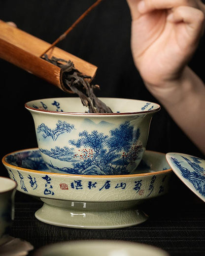 Retro Blue And White Porcelain Gaiwan Tea Set - gloriouscollection
