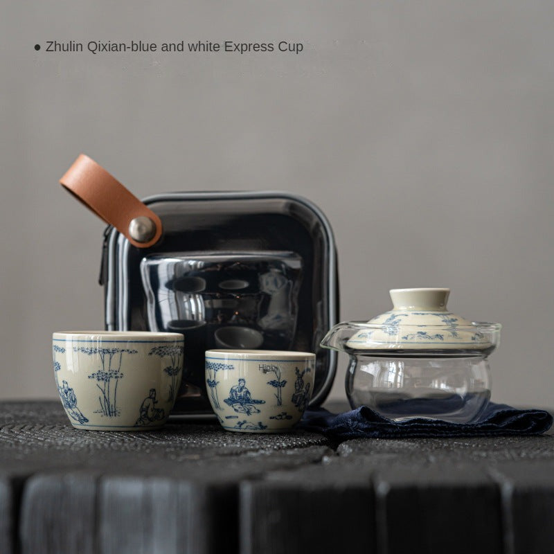 Retro Blue and White Portable Cup Tea Set