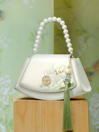 Elegant Hibiscus Pearl Handle Embroidered Leather Handbag