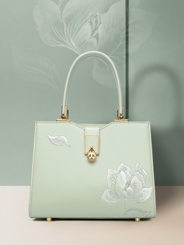 Elegant Snow Lotus Embroidered Genuine Leather Handbag