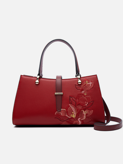 Fragrant Snowy Magnolia Embroidered Leather Handbag