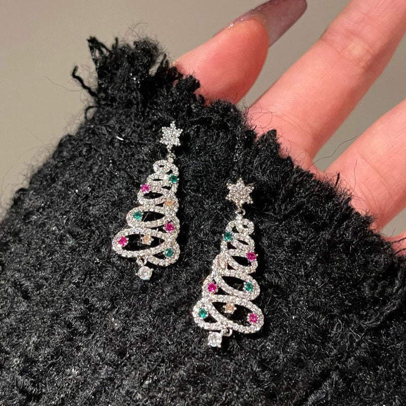 Christmas Tree Earrings Christmas Hollow Color Gemstone Earrings
