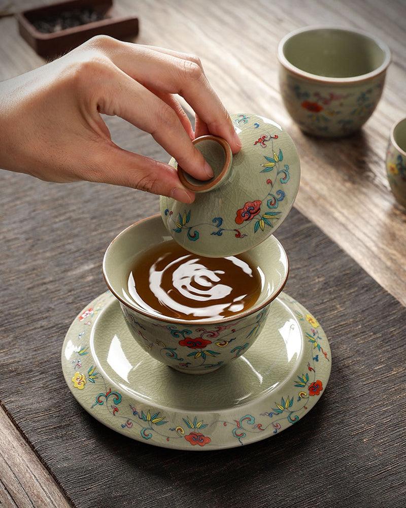 Multi-Color Longevity Porcelain Gaiwan Tea Set - gloriouscollection