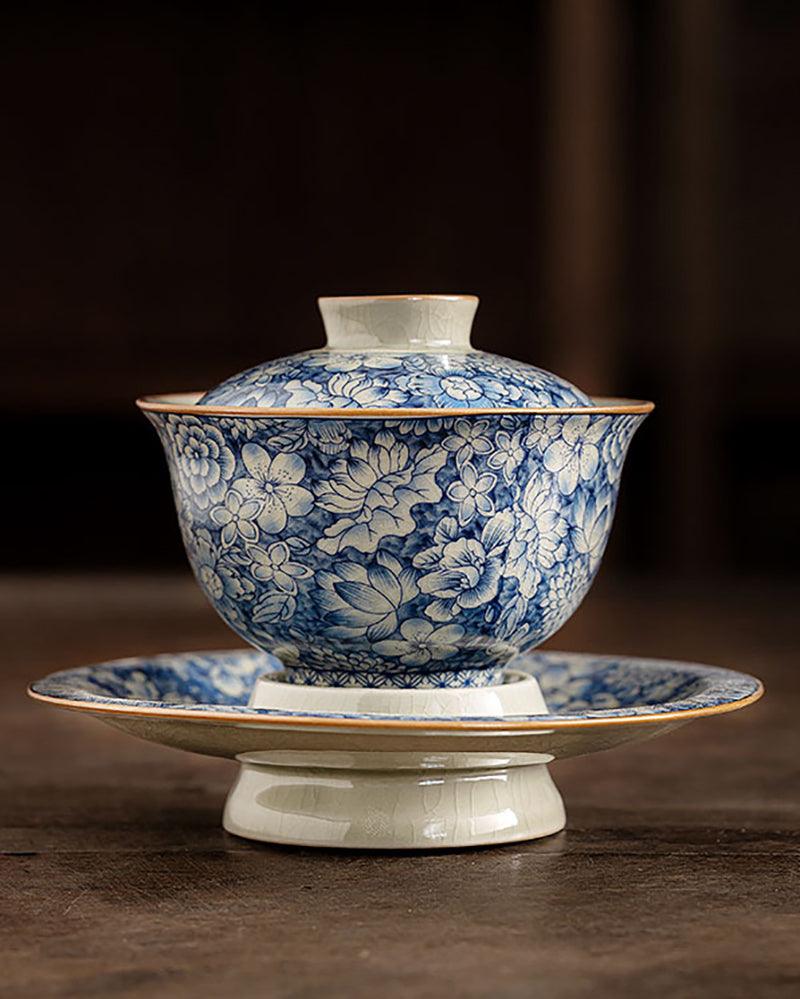 Blue And White Flower Porcelain Gaiwan Tea Set - gloriouscollection