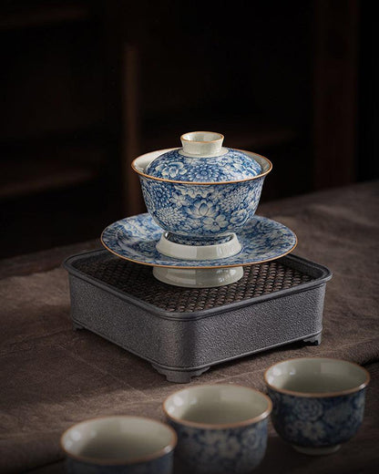Blue And White Flower Porcelain Gaiwan Tea Set - gloriouscollection