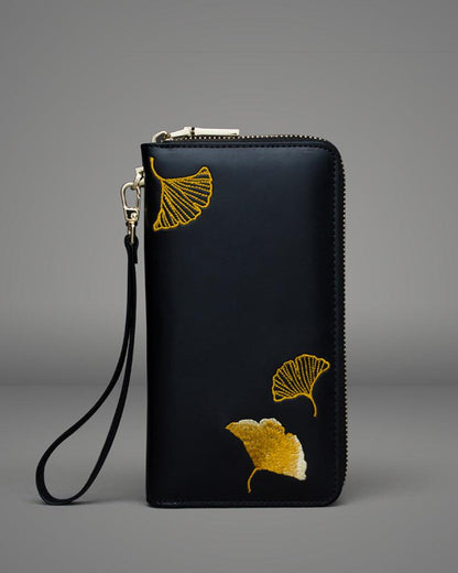 Ginkgo Embroidery Leather Hand Bag Wallet - gloriouscollection